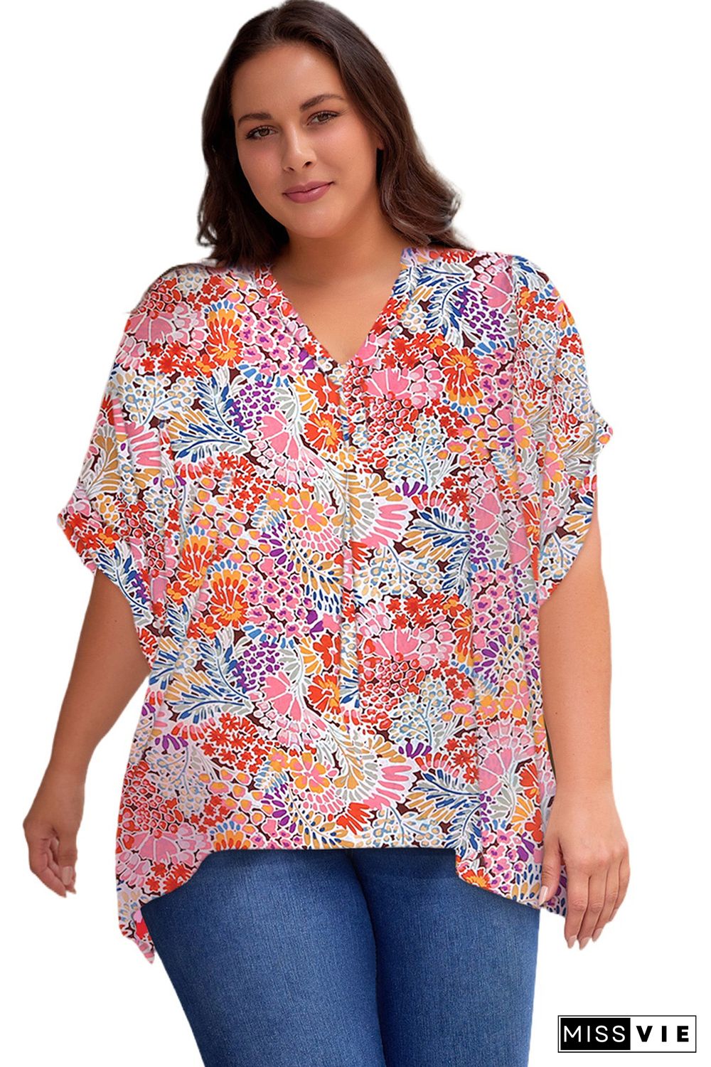 Multicolor Floral V Neck Half Sleeve Plus Size Blouse