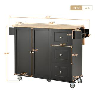 52.7 in. W x 17.71 in. D x 36.81 in. H Black Rolling Mobile Kitchen Island with Solid Wood Top and Locking Wheels WF2870AABWY