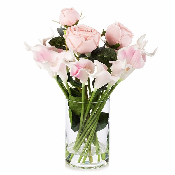 Enova Home Mixed Artificial Real Touch Lily and Rose Flower Arrangement in Clear Glass Vase with Faux Water For Home Decoration