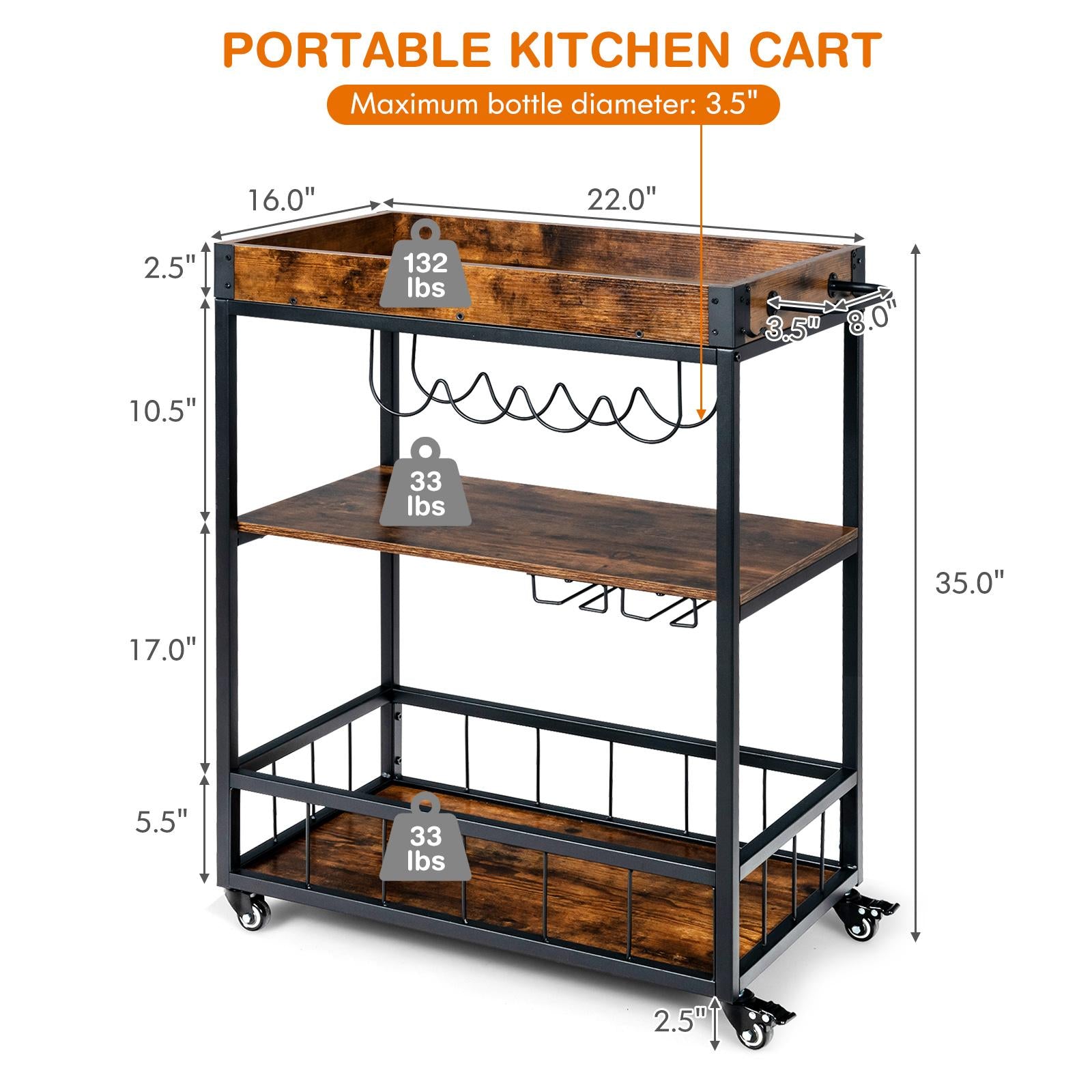 Giantex Bar Cart， Industrial Style Kitchen Rolling Cart  w/Removable Top Tray and Wheels，