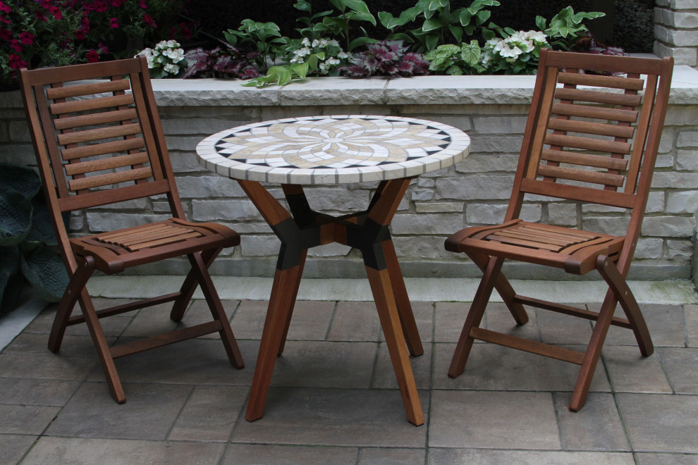 3 Piece Spanish Marble and Eucalyptus Bistro Set With Folding Chairs   Transitional   Outdoor Pub And Bistro Sets   by Outdoor Interiors  Houzz