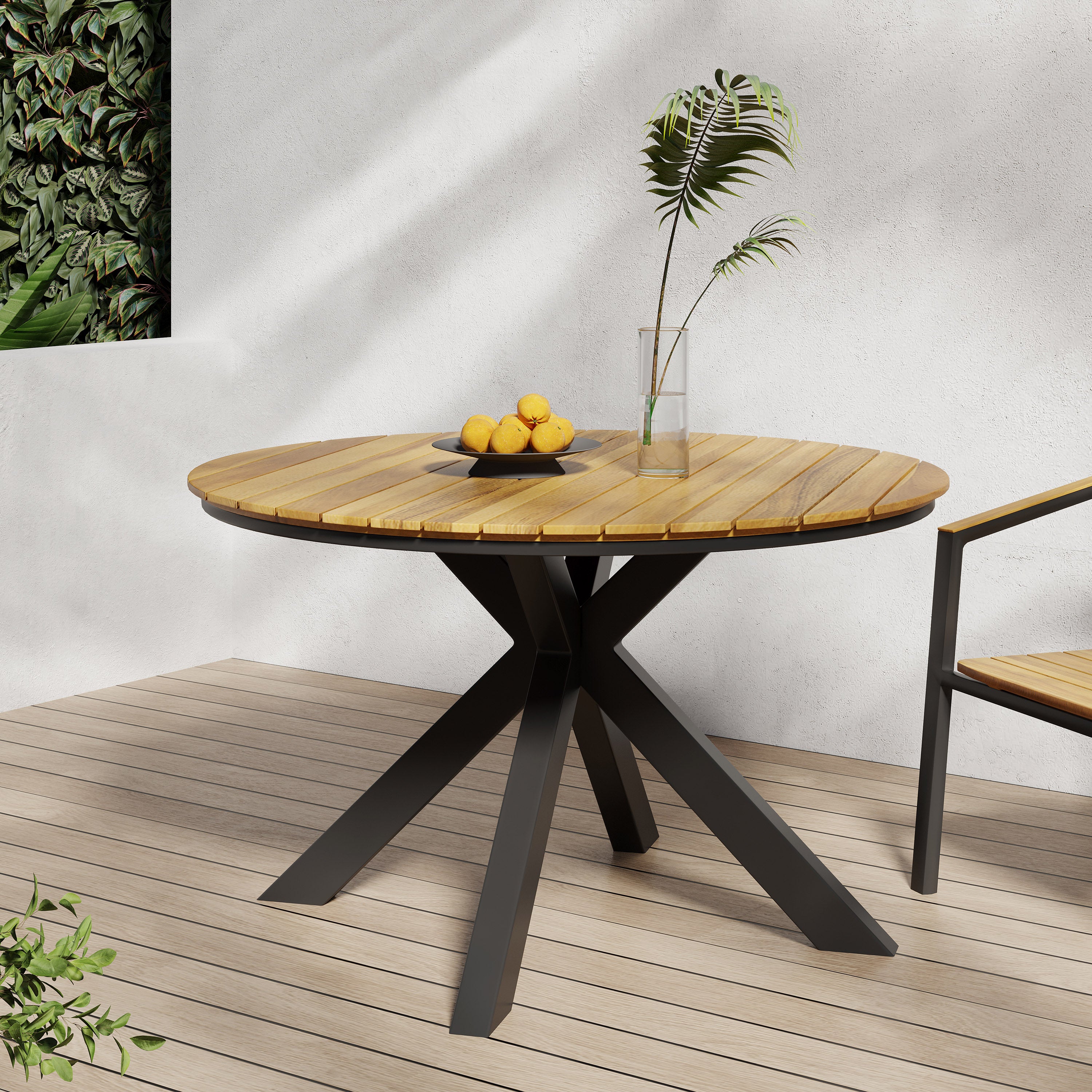 Mellie Outdoor Acacia Wood Circular Dining Table, Teak and Black