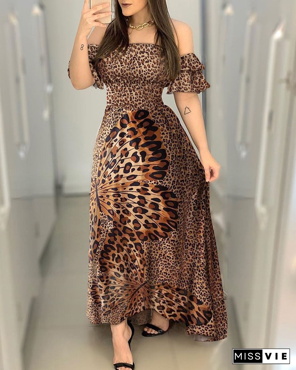 Butterfly Print Dress Leopard Print Off Shoulder Girdle Waist Big Swing Evening Dress Lotus Leaf Sleeve Long Skirt