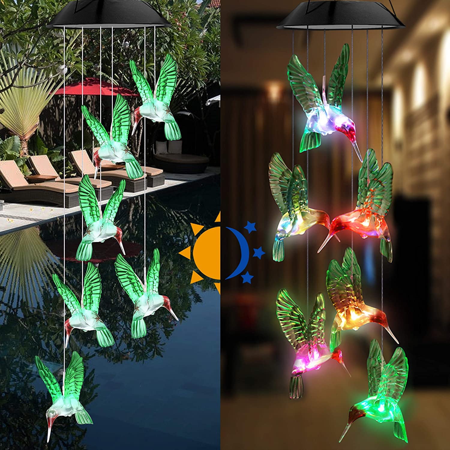 Solar Wind Chime Light, Epicgadget Solar Light Color Changing Outdoor Solar Garden Hanging Mobile Decorative Lights for Backyard Walkway Pathway Christmas Decoration Parties (Green Hummingbird)