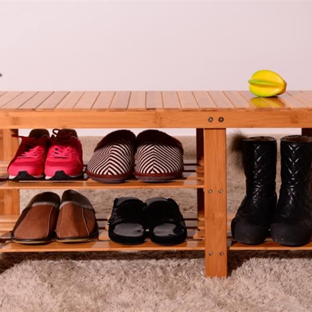 90cm Strip Pattern Tiers Bamboo Stool Shoe Rack with Boots Compartment Wood Color   35.43 x 11.02 x 17.72