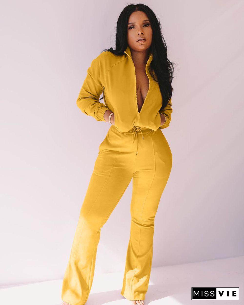 Stylish Solid-color Zip-up High Waist Jumpsuit