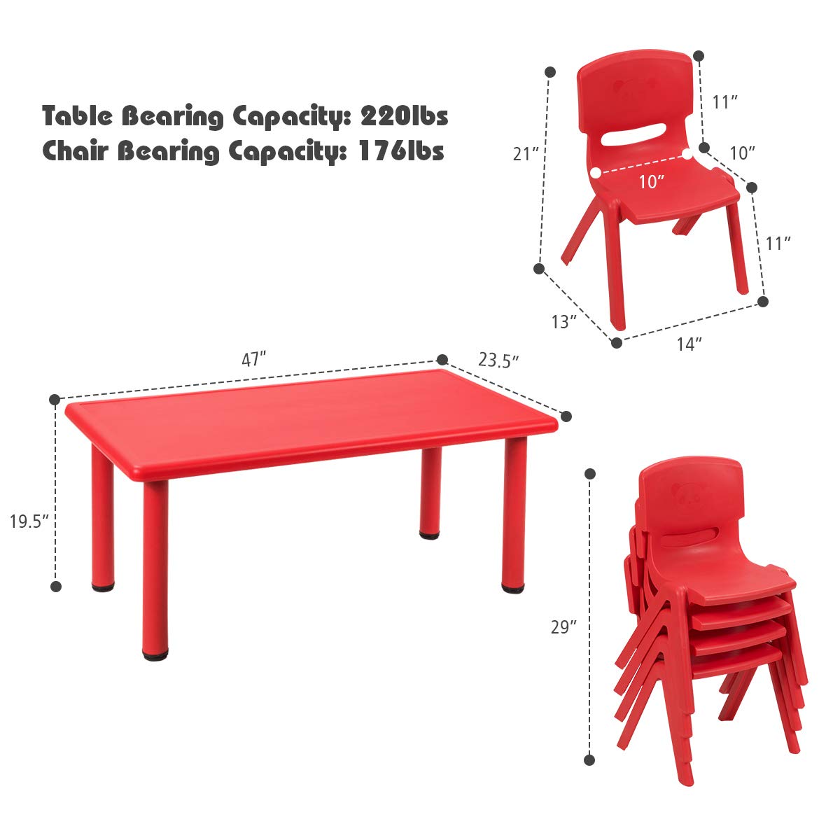 Kids Table and Chair Set, 4 Pcs Stackable Chairs