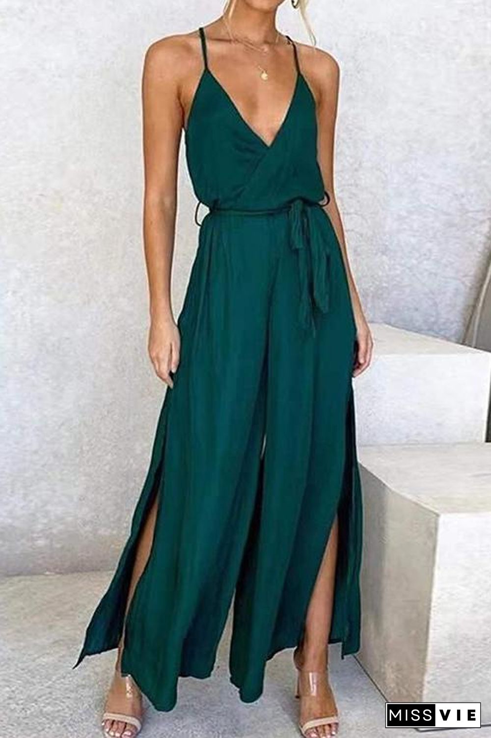 Slit Belted Slip Jumpsuits