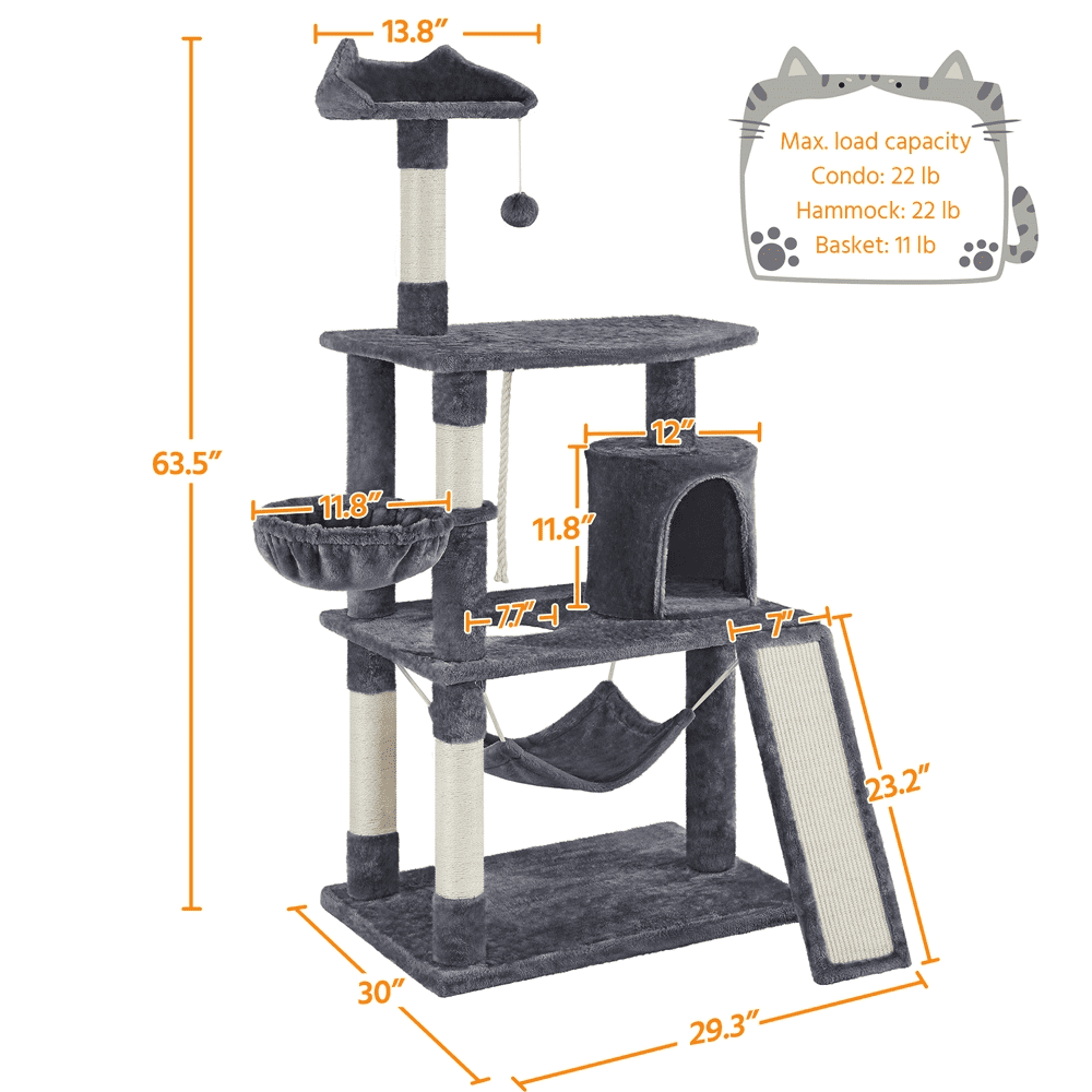 Yaheetech 63.5''H Cat Tree Cat Tree Condo with Scratching Post， Dark Gray