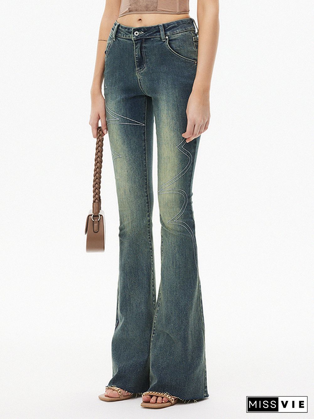 Line Embroidery Stretchy Flare Jeans