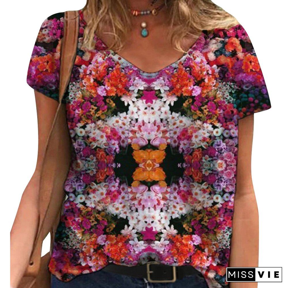 Short Sleeve T-Shirt Women Summer Retro Floral Print T shirts Round Neck Tees Lady Tops Casual Loose Harajuku Pullover D30