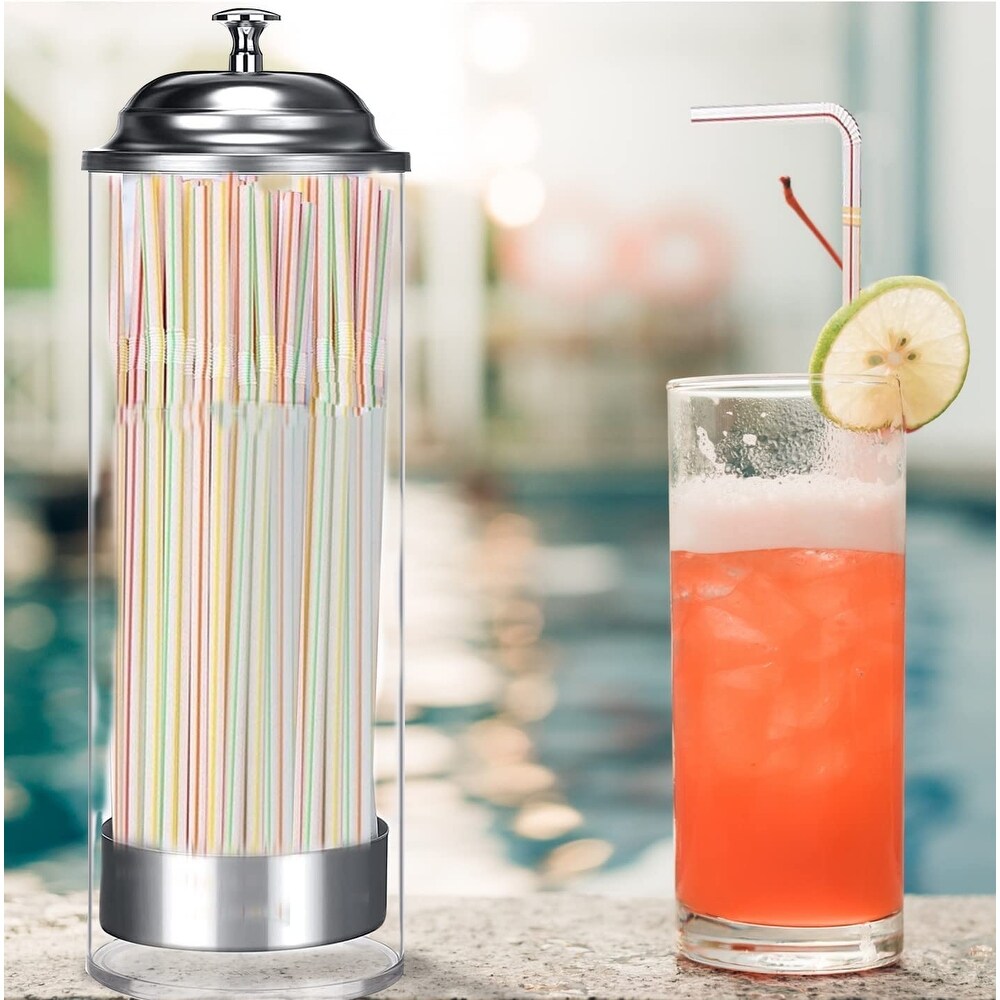 Straw Dispenser with Stainless Steel Lid  Clear Acrylic Straw Holder  100 Striped Plastic Straws