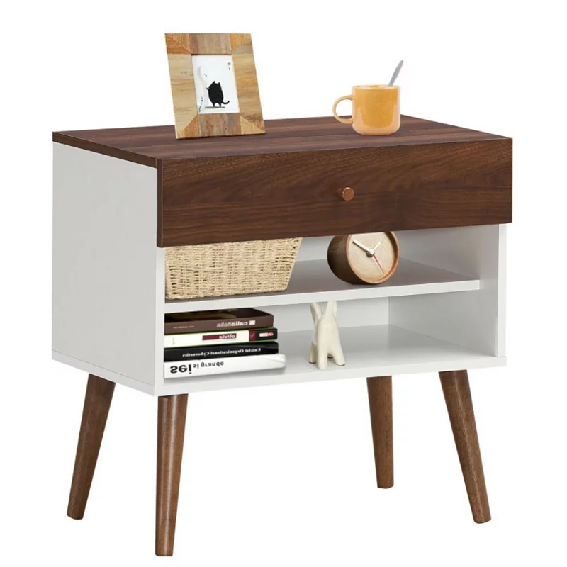 Hivago Mid-Century Nightstand with Drawer and Rubber Wood Legs