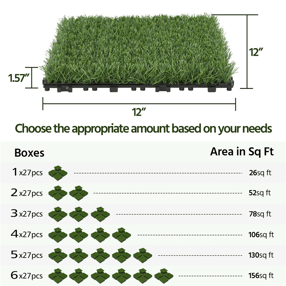 Topeakmart 27pcs Artificial Grass Interlocking Turf Tile Indoor/Outdoor, 12"x12", Green