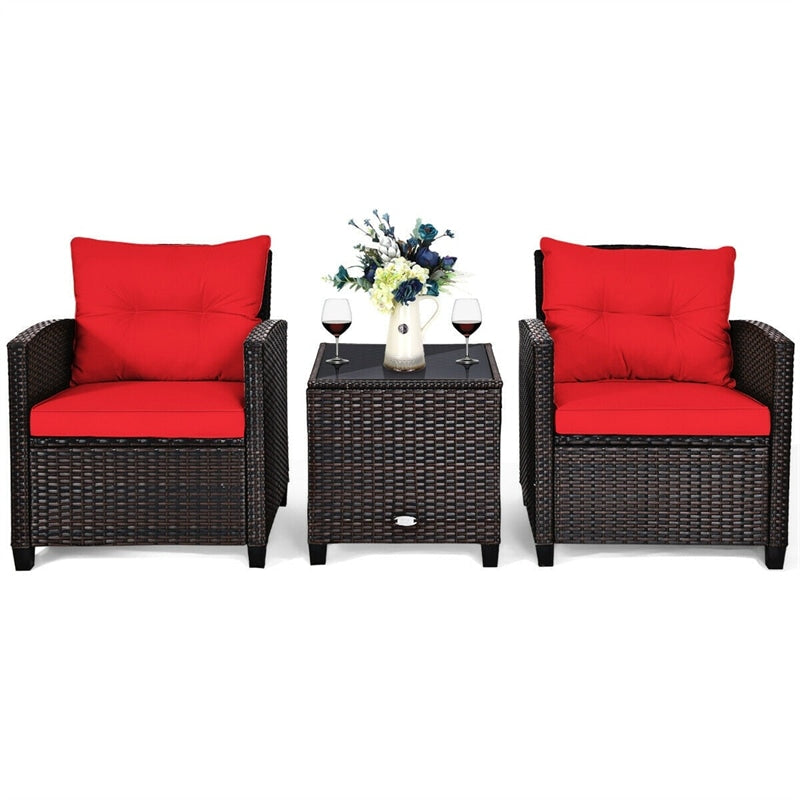 3 Pcs Rattan Patio Conversation Set Outdoor Wicker Sofa Set with Washable Cushions & Coffee Table