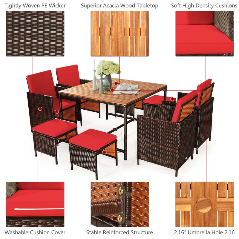 9 Pcs Rattan Wicker Outdoor Patio Dining Set with Acacia Wood Dining table, 4 Ottomans, 4 Cushioned Armchairs