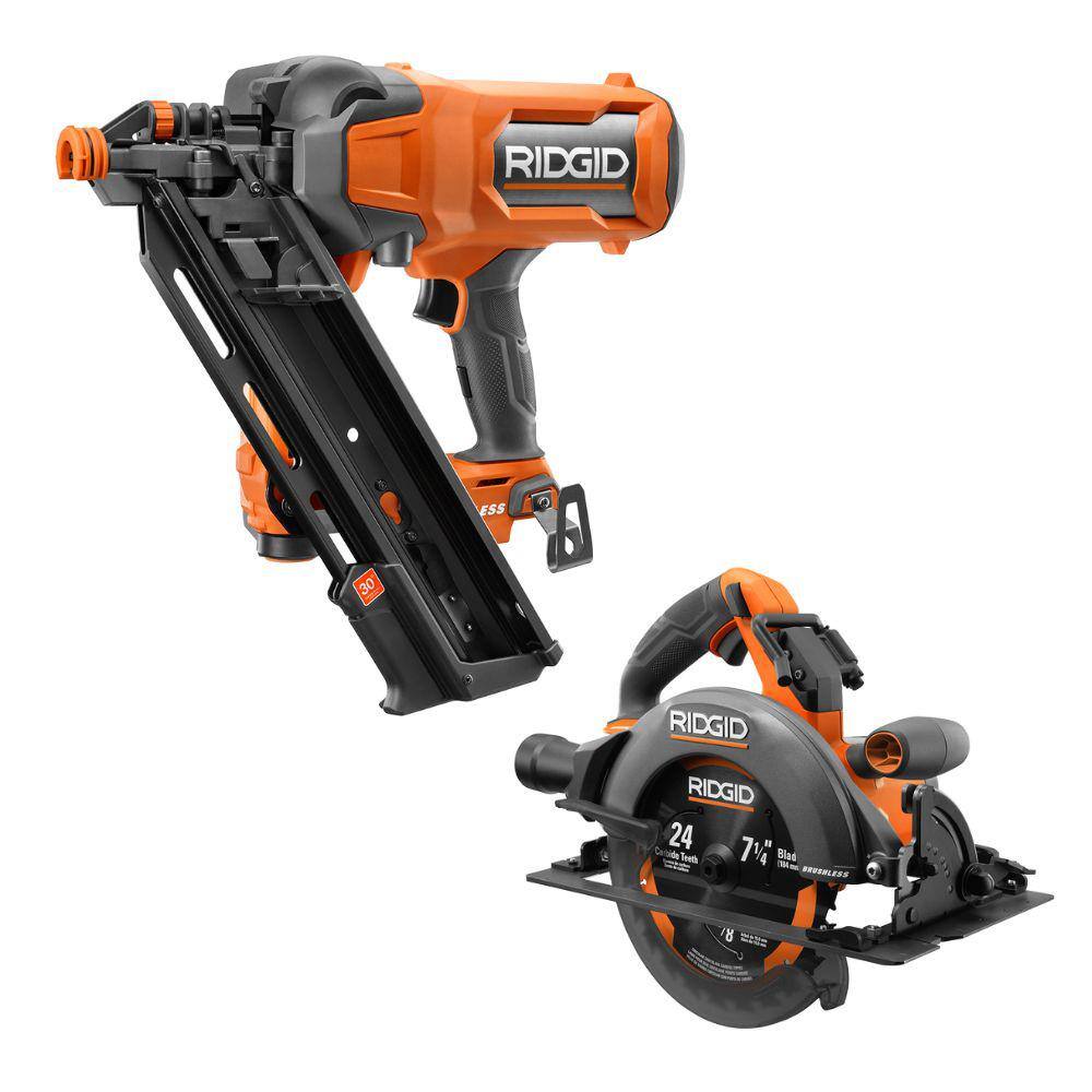 RIDGID 18V Brushless Cordless 30 3-12 in. Framing Nailer with Brushless 7-14 in. Circular Saw (Tools Only) R09895B-R8657B