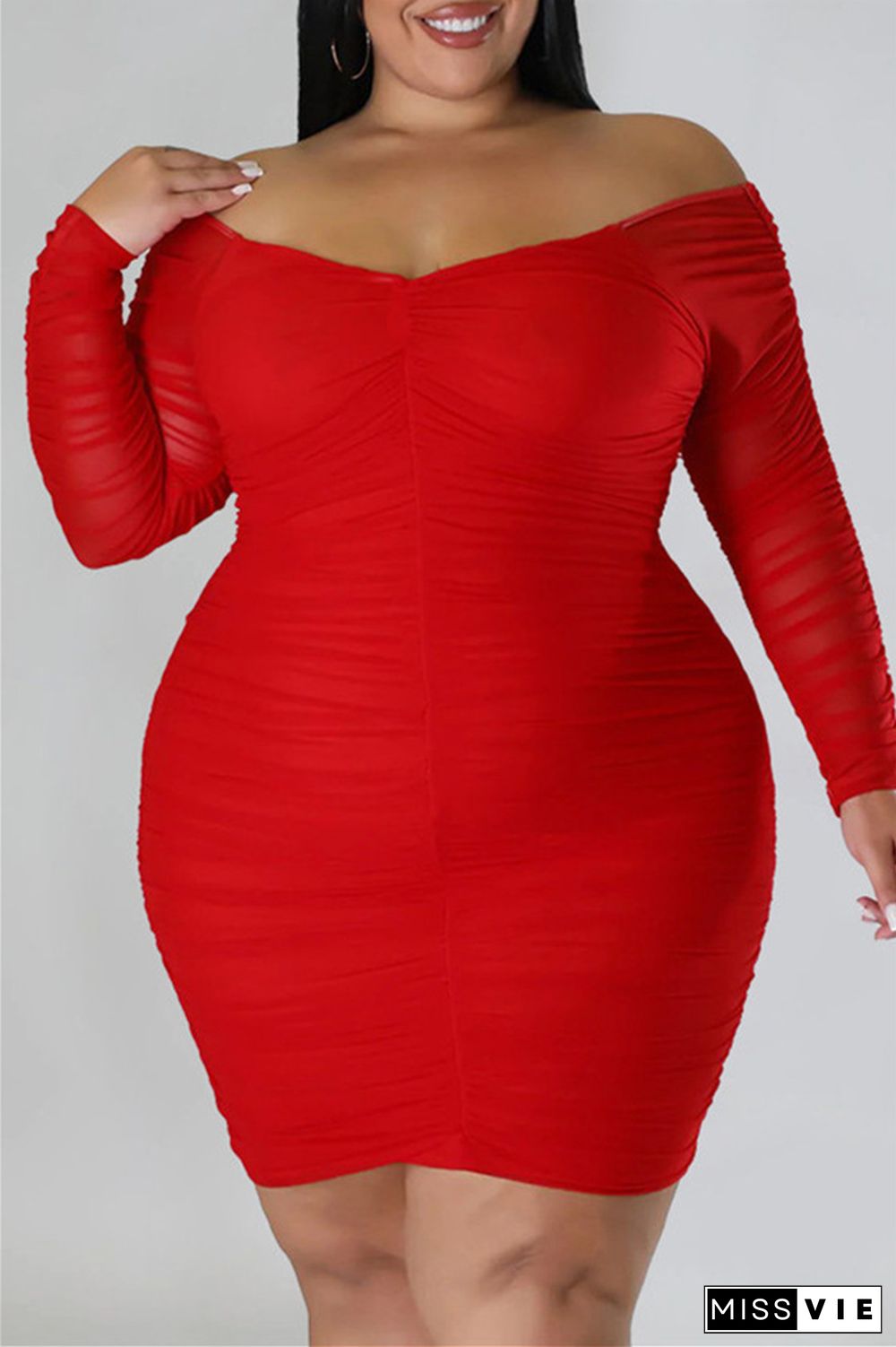 Casual Solid Basic V Neck Long Sleeve Plus Size Dresses