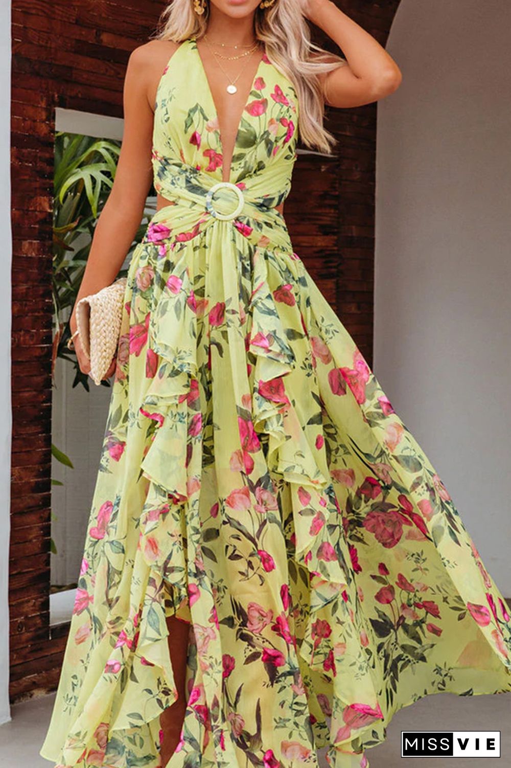 Yellow Floral Print Halter Wrapped Maxi Dress