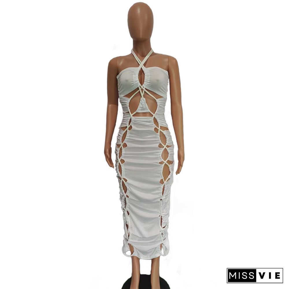 Ruched Cut Out Bandage Halter Maxi Dresses