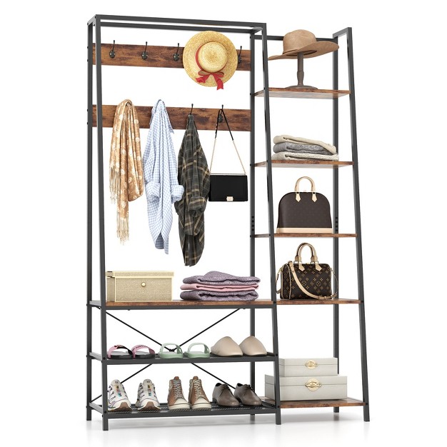 Tangkula Hall Tree With Storage Bench 5 in 1 Freestanding Coat Rack W 9 Hooks 5 Side Shelves 2 Mesh Shoe Shelves