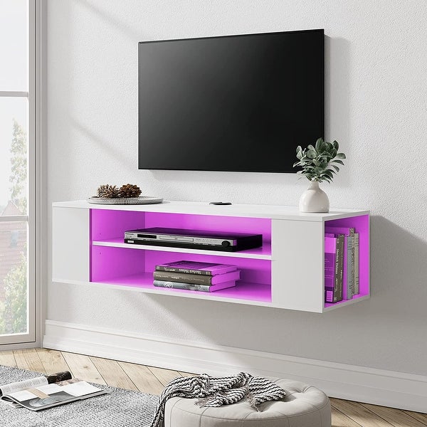 White Floating TV Stand with Colorful LED Lights， Floating Entertainment Center Wall Mounted， Floating TV Media Console