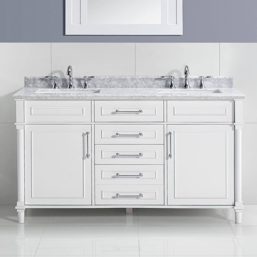 Home Decorators Collection Aberdeen 60 in. W x 22.1 in. D x 34.5 in. H Freestanding Bath Vanity in White with Carrara Marble Top Aberdeen 60W