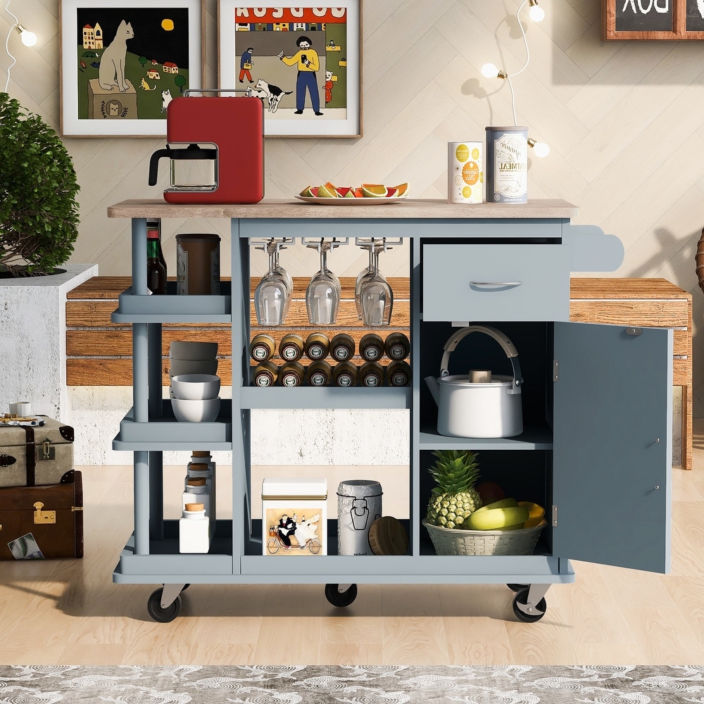 Kitchen Cart Cabinet with Wood Top and Adjustable Storage Shelves