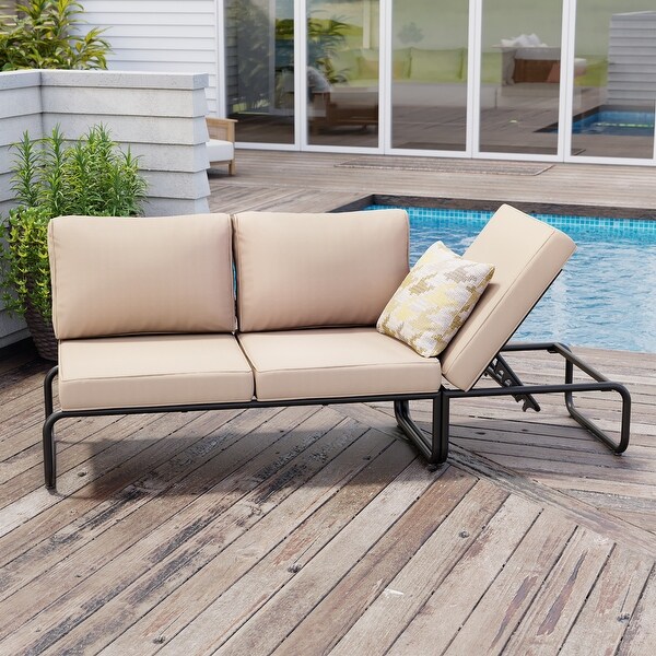 Outdoor Daybed with Cushion and Adjustable Back，Convertible to Patio Conversation Set