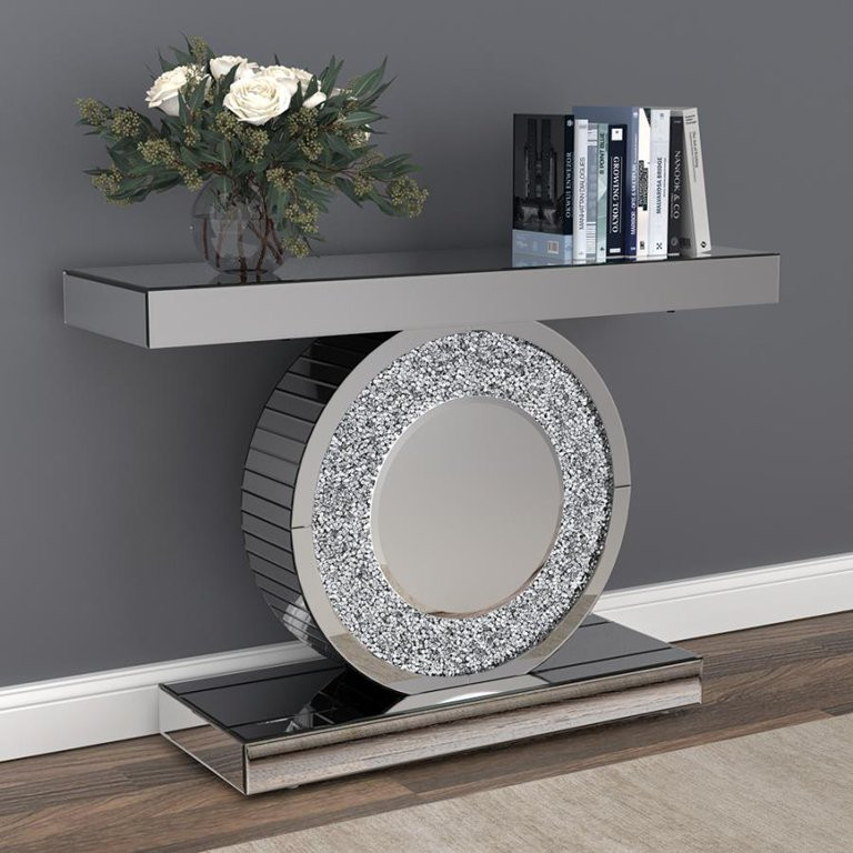 Glam Console Table  Unique Geometric Accented Base  ampFaux Diamond Inlay  Silver   Contemporary   Console Tables   by Decor Love  Houzz