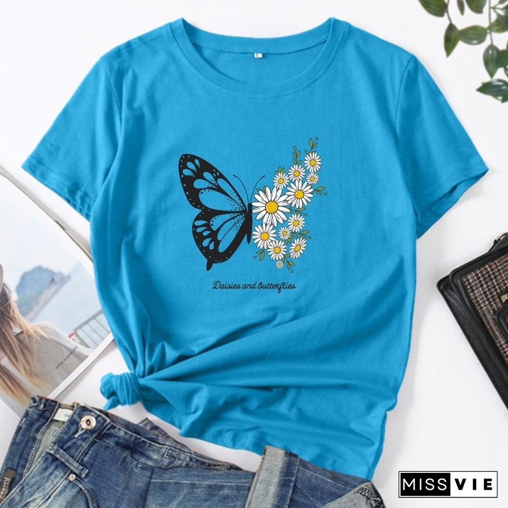 Summer Women Casual Short Sleeve T-shirt Butterfly Flower Print Female Fashion Graphic T Shirt Ladies Daily Loose O-Neck Tee Top