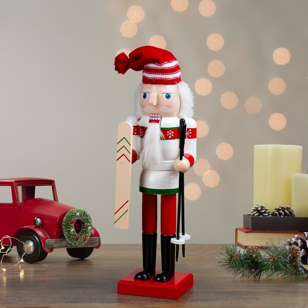 14 Red and White Wooden Skiing Christmas Nutcracker