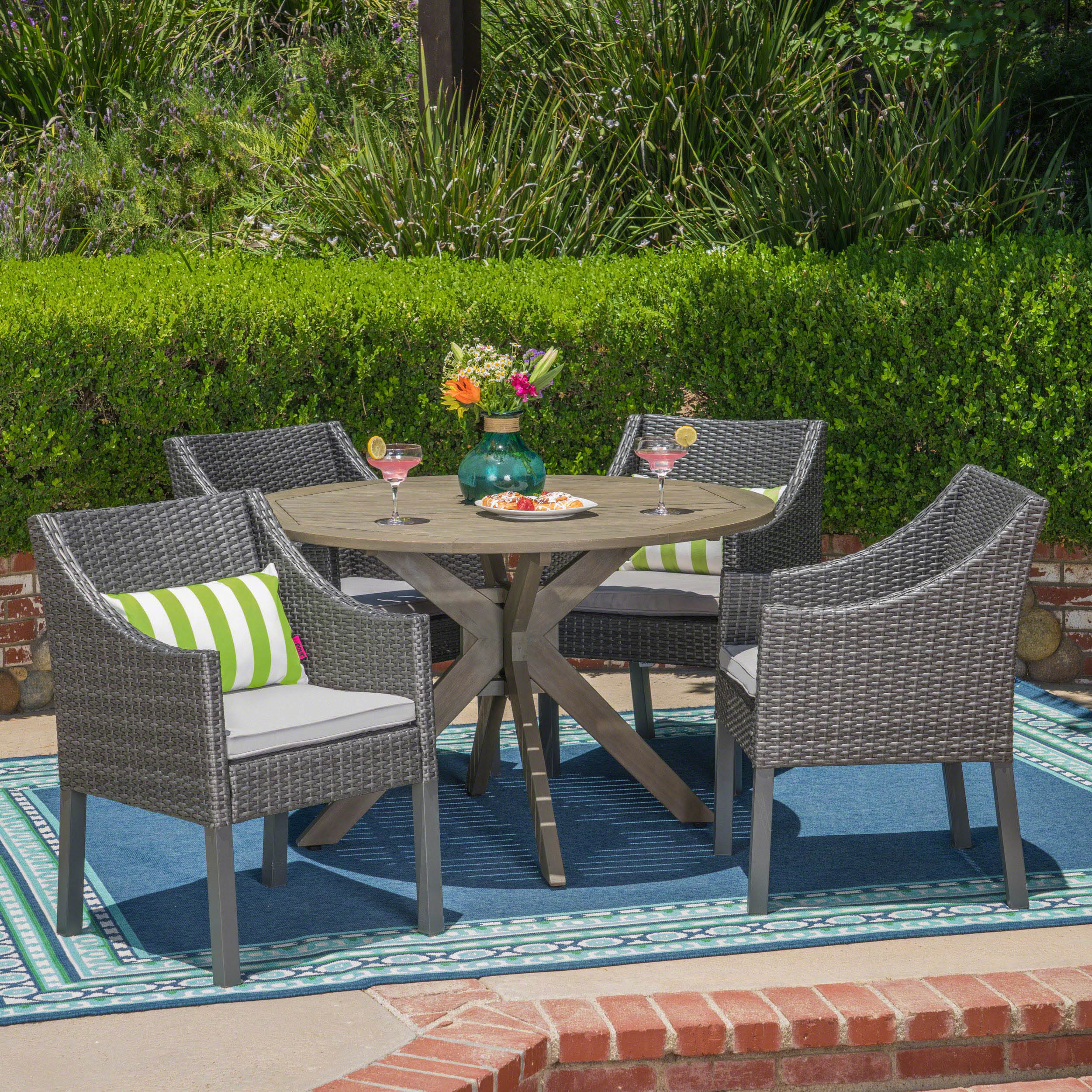 Orwel Outdoor 5 Piece Wood and Wicker Dining Set, Gray and Gray