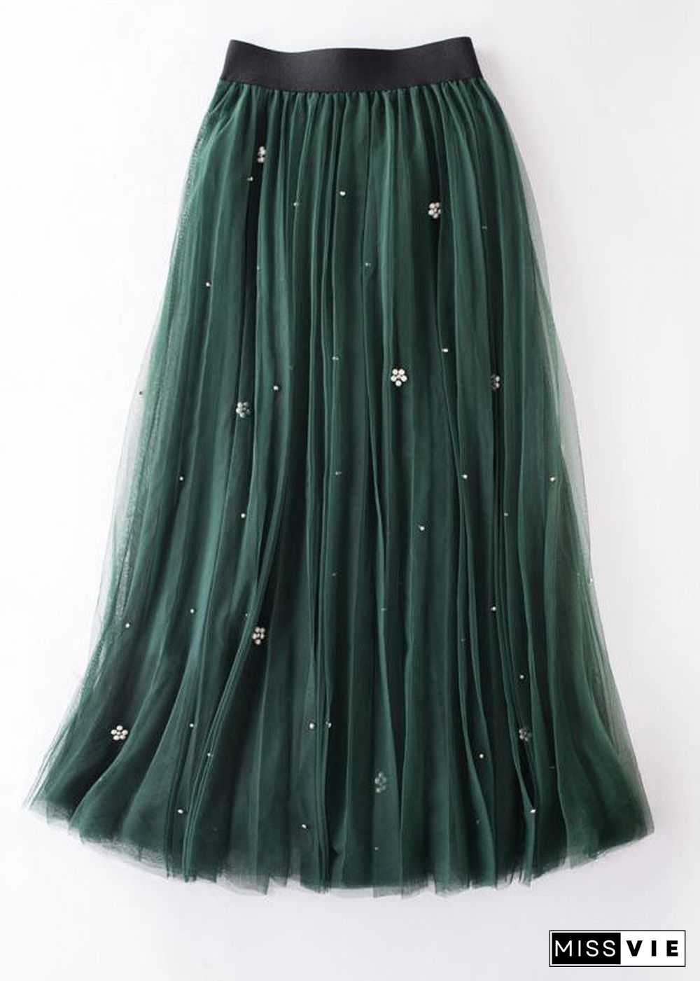 French Green Wrinkled Patchwork High Waist Tulle Skirt Spring