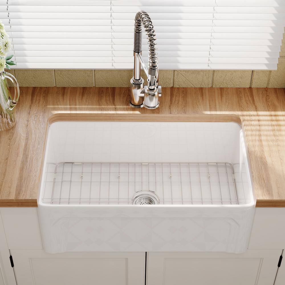 White Fireclay 30 in. Single Farmhouse Apron Kitchen Sink with Bottom Grid and Basket Strainer HKD-301810F-W