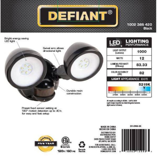 Defiant 65 Watt Equivalent 1000 Lumen 180 Degree Black Motion Sensing Dusk to Dawn SMD LED Flood Light (1-Pack) DFI-5998-BK