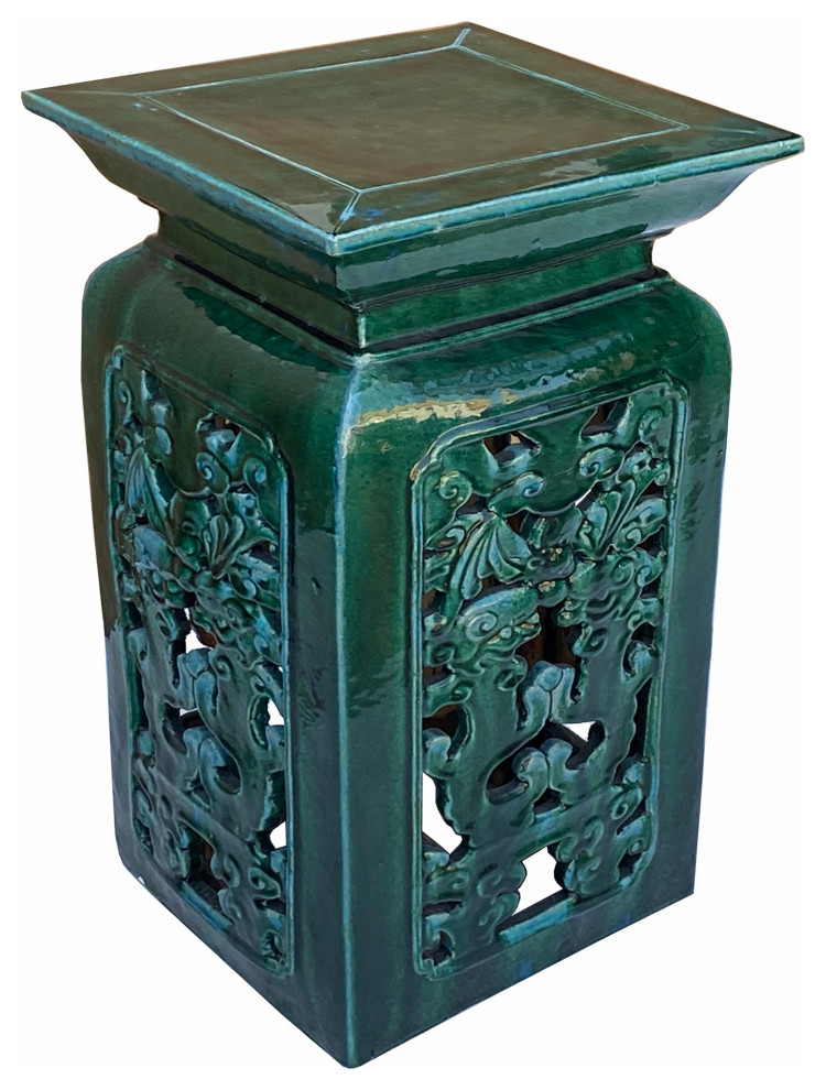 Ceramic Clay Green Square Tall Pedestal Table Bats Dragons Stand Hcs7010   Asian   Side Tables And End Tables   by Golden Lotus Antiques  Houzz