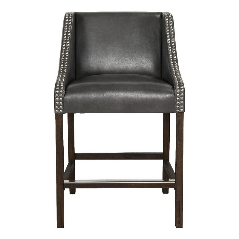 Wood and Leatherette Counter Height Stool with Swooping Arms and Nail Head Trim， Gray