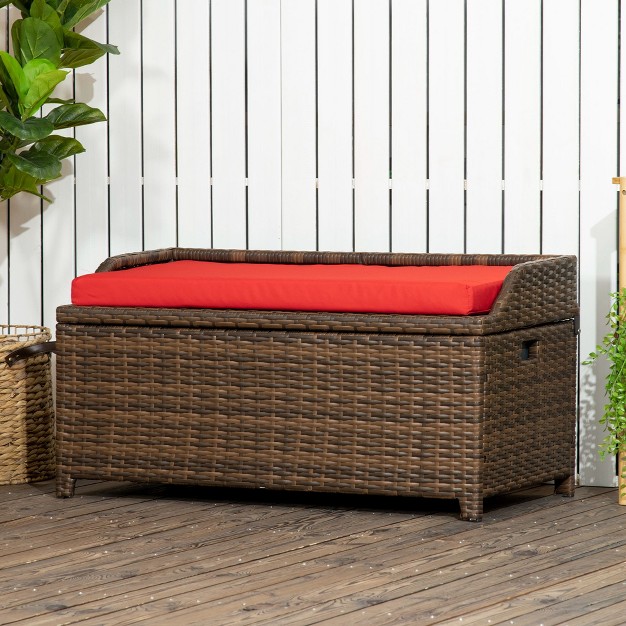 Outsunny Patio Wicker Storage Bench Cushioned Outdoor Pe Rattan Patio Furniture Assisted Easy Open Two in one Seat Box With Handles Seat Red