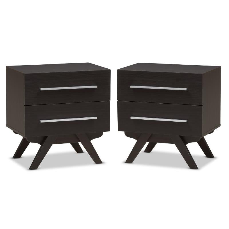 Home Square Mid Century 2 Drawer Wood Nightstand Set in Dark Brown (Set of 2)