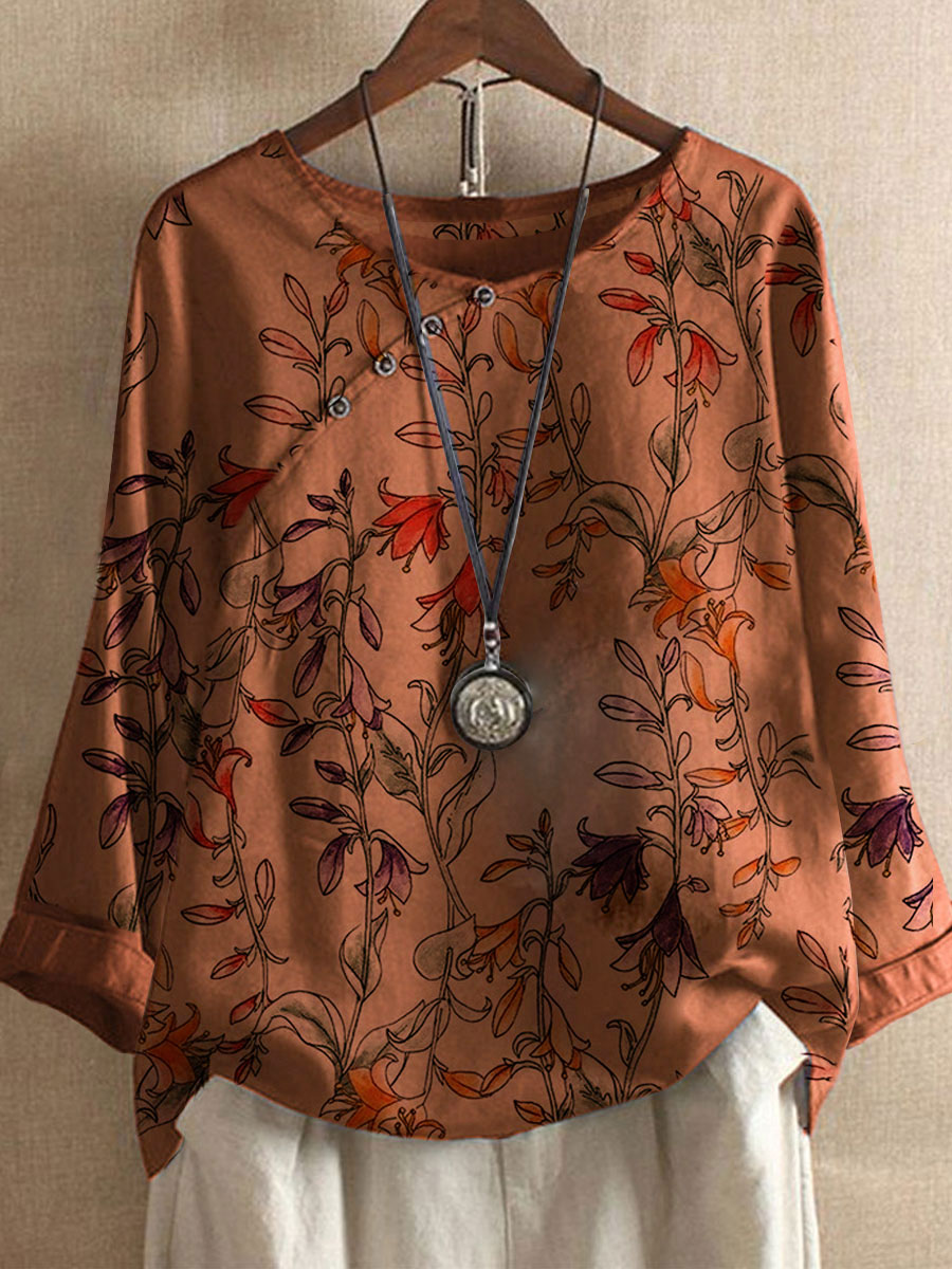 Round Neck Casual Loose Floral Print Long Sleeve Blouse