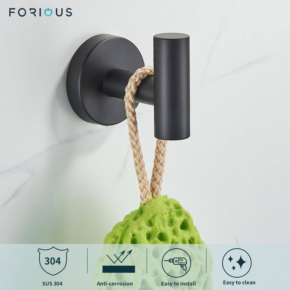 FORIOUS Bathroom Robe Hook and Towel Hook Wall Mounted Stainless Steel in Matte Black (2-Pack) HH0219B2