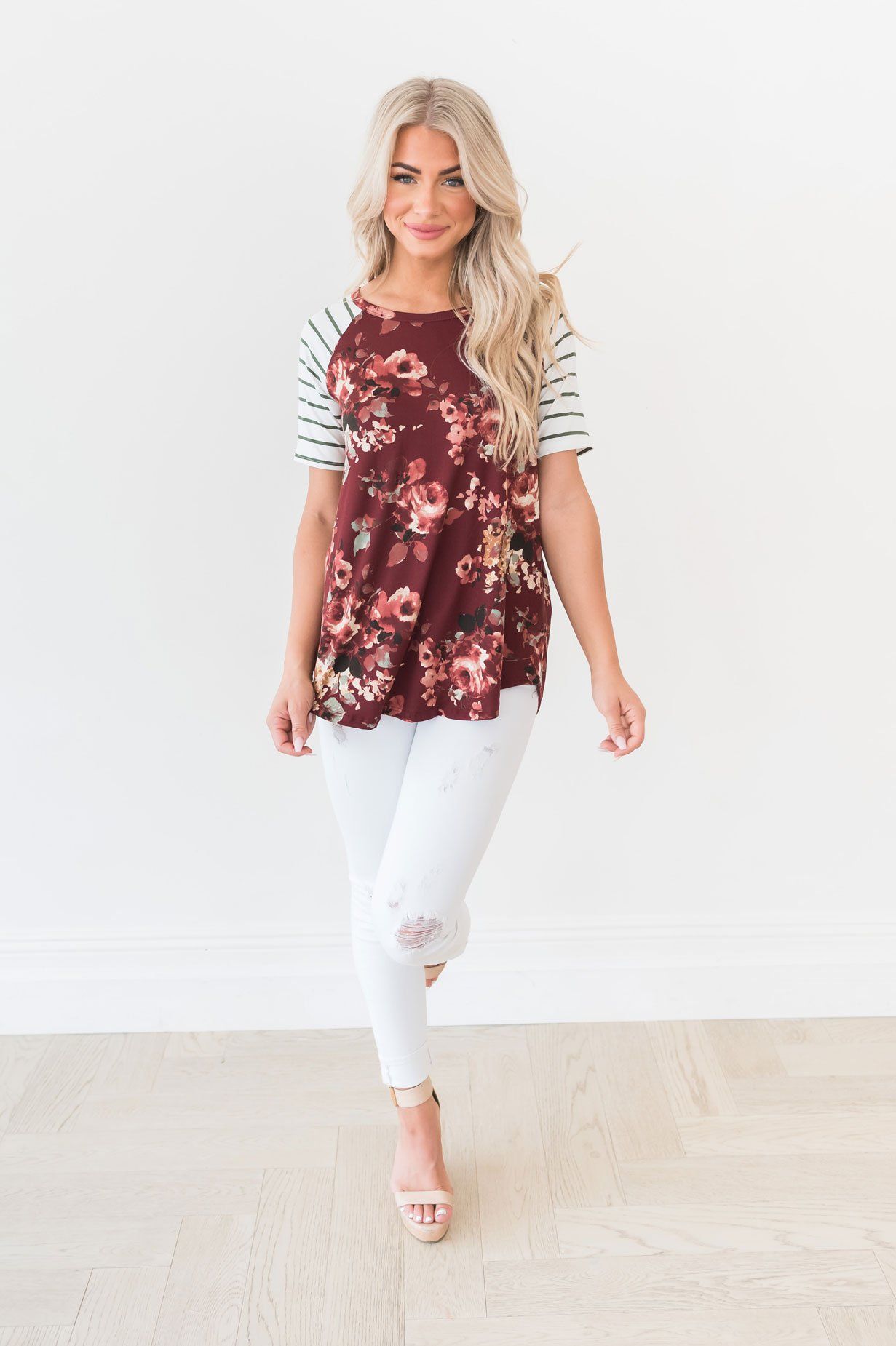 Floral & Stripes Baseball Sleeve Top