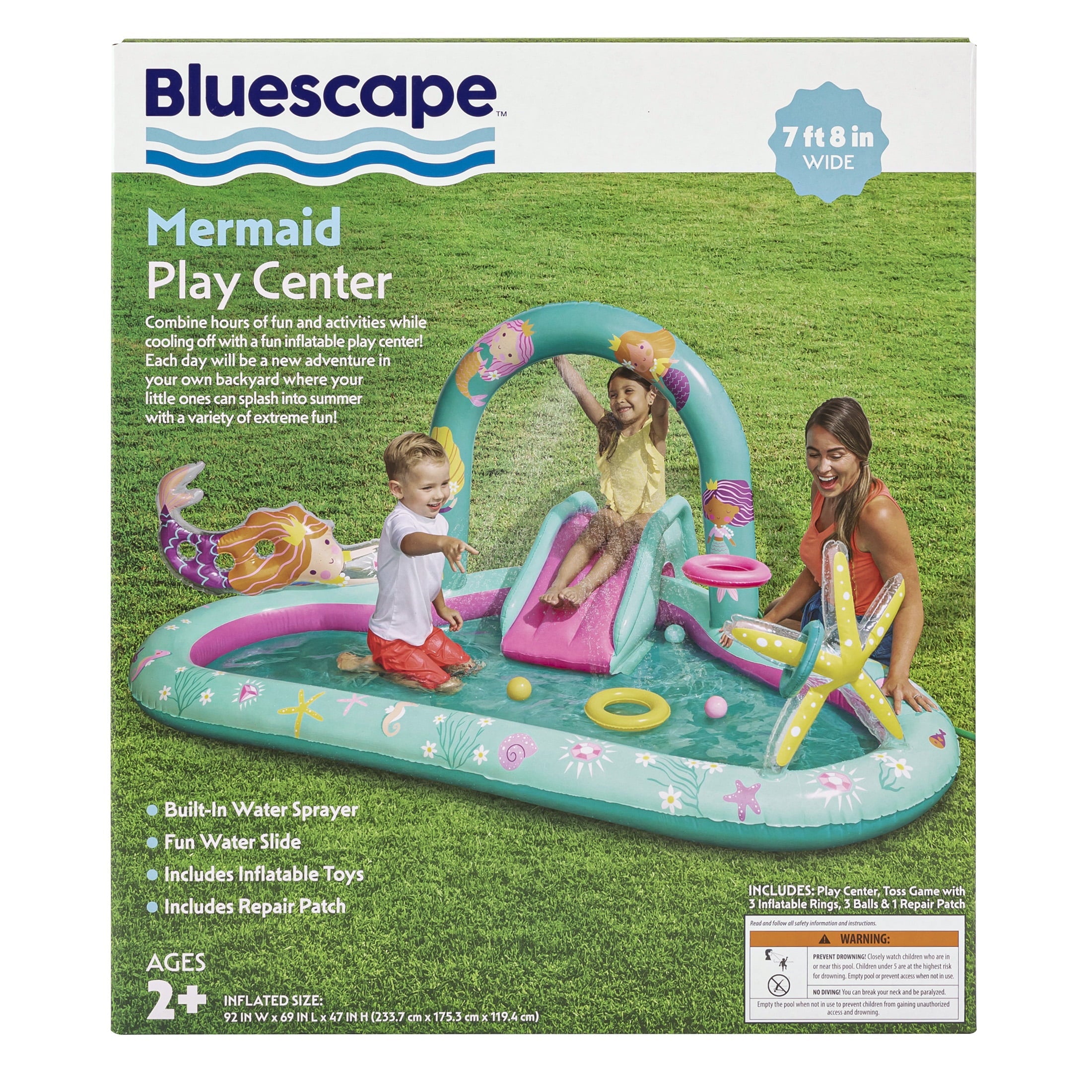 Bluescape Mermaid Inflatable Play Center, Kids Splash Pool with Sprinkler, Toys & Slide,  Age 2 & up, Unisex