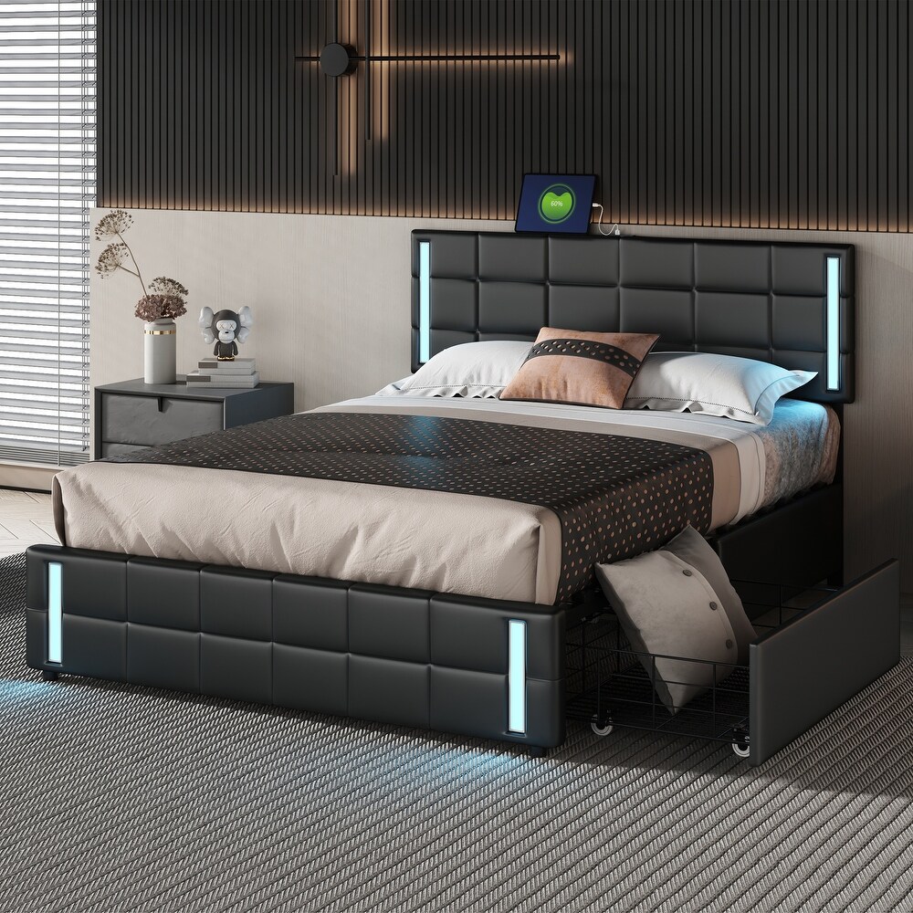 Queen Size Upholstered Platform LED Bed Frame