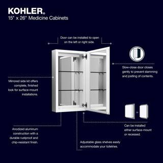 KOHLER 15 in. x 26 in. Aluminum Recessed or Surface Mount Soft Close Medicine Cabinet with Mirror in White Powder-Coat K-R79215-CA1