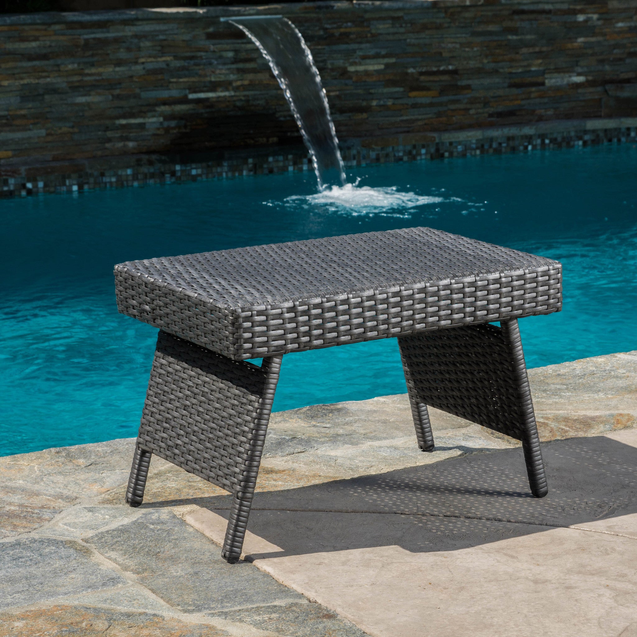 Akehurst Outdoor Gray Wicker Adjustable Folding Side Table