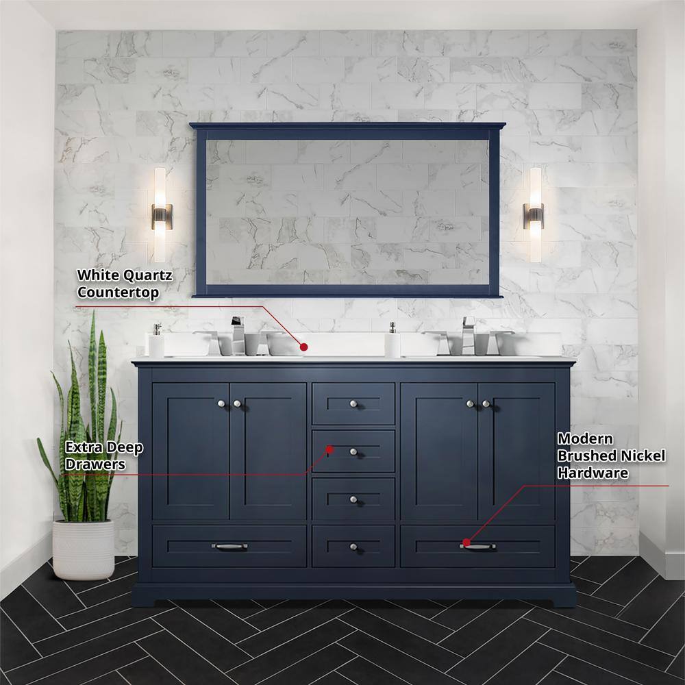 Lexora Dukes 60 in. W x 22 in. D Navy Blue Double Bath Vanity White Quartz Top and 58 in. Mirror LD342260DEWQM58