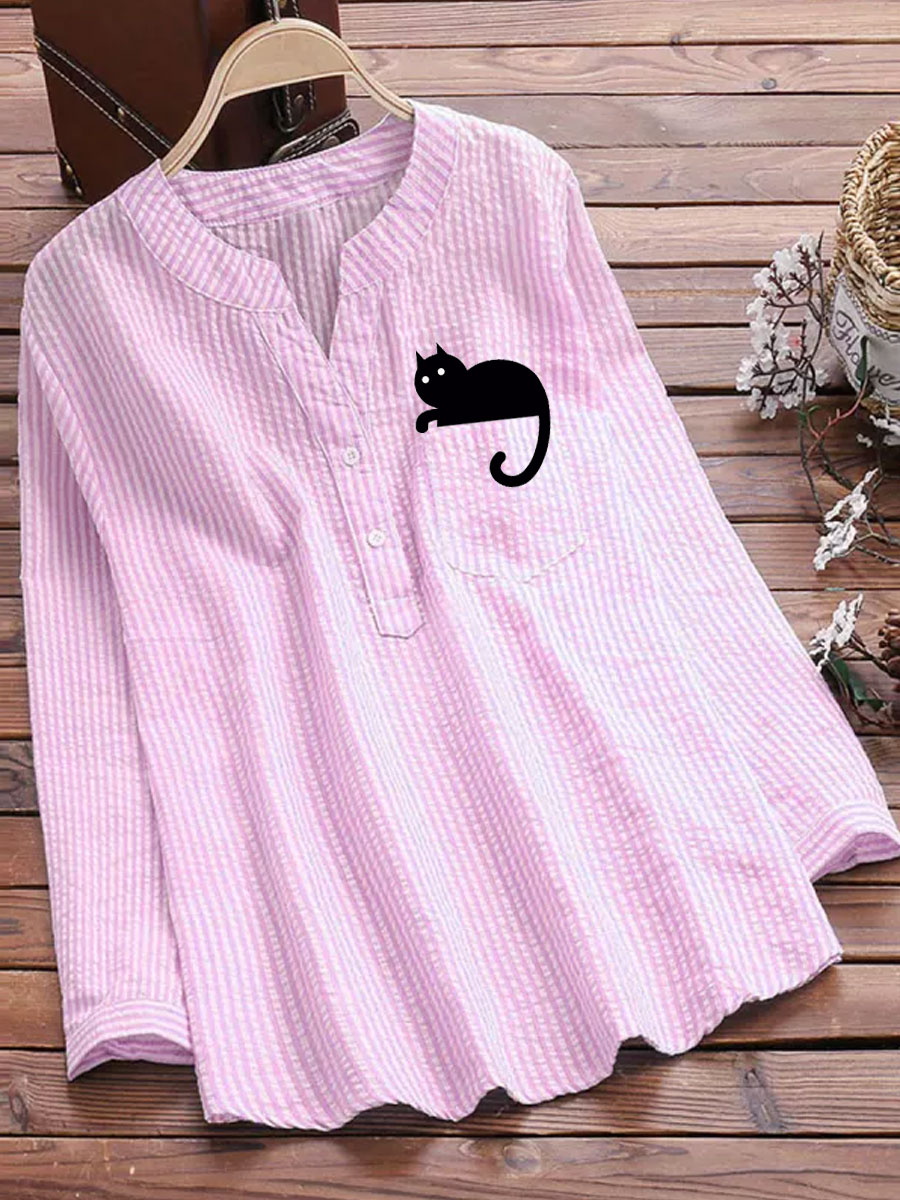 V-neck Casual Loose Striped Cat Print Long-sleeved Blouse