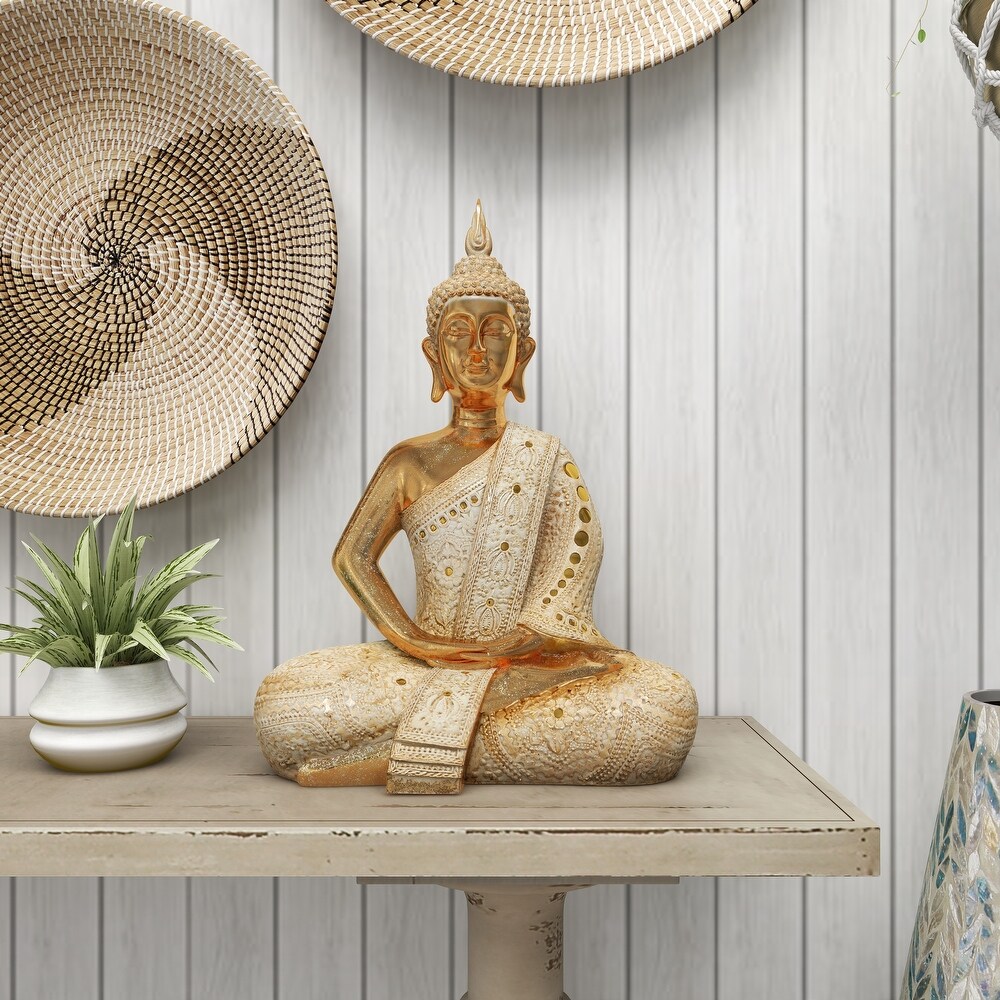 Gold Polystone Meditating Carved Buddha Sculpture with Intricate Carvings and Mirrored Embellishments   14 x 9 x 20
